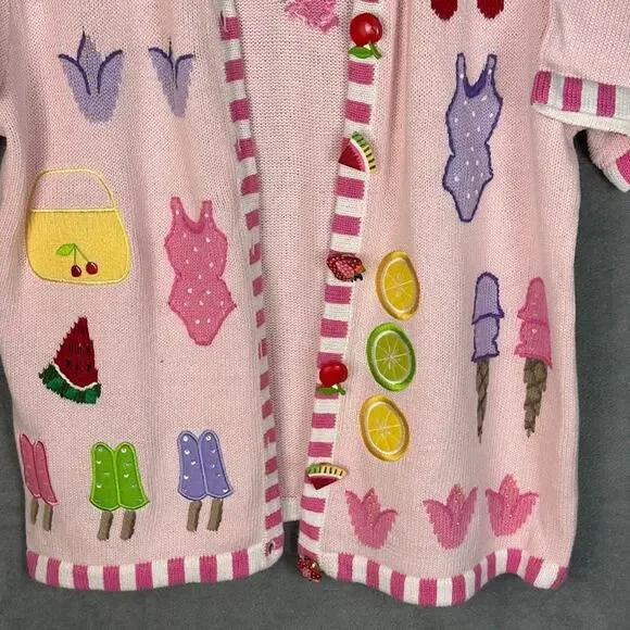 Quacker Factory Sweater Large Pink Fruit Cardigan Short Sleeve Summer Picnic - Picture 3 of 12